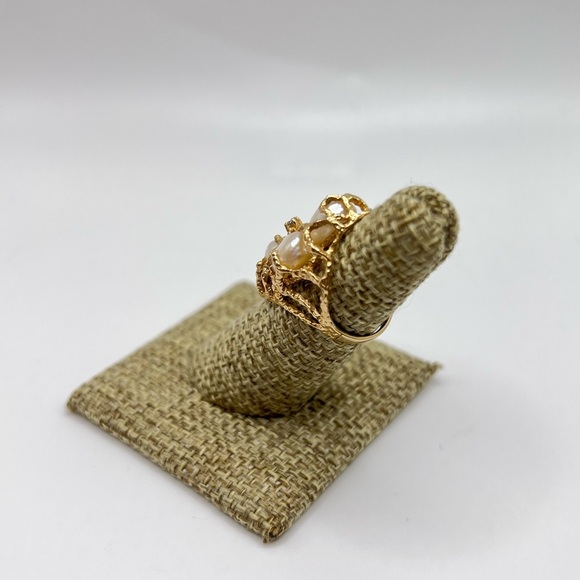 Vintage 14K Gold Baroque Pearl & Diamond Coral Style Ring – Size 4.75 - Picture 6 of 9